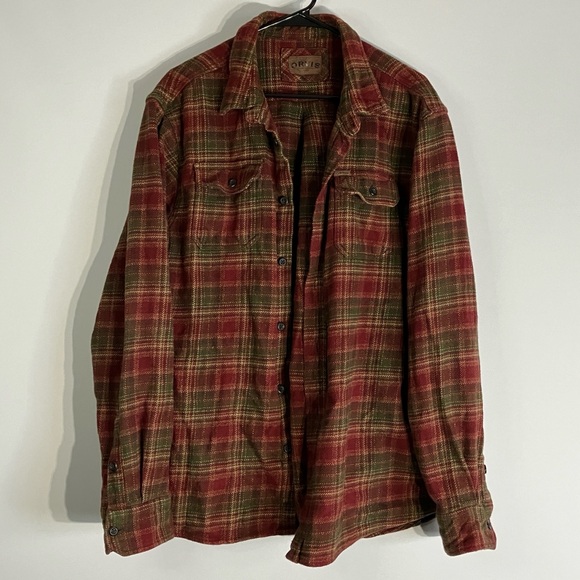 Orvis Size XL Heavy Flannel Shirt Jacket with Side Pockets Plaid Green Red Used - Picture 3 of 10